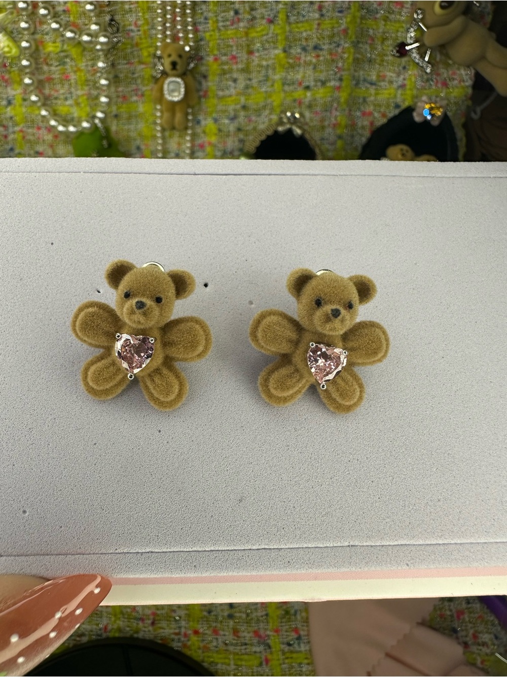 YVMIN Tan Plush Teddy with Pink diamonds earrings